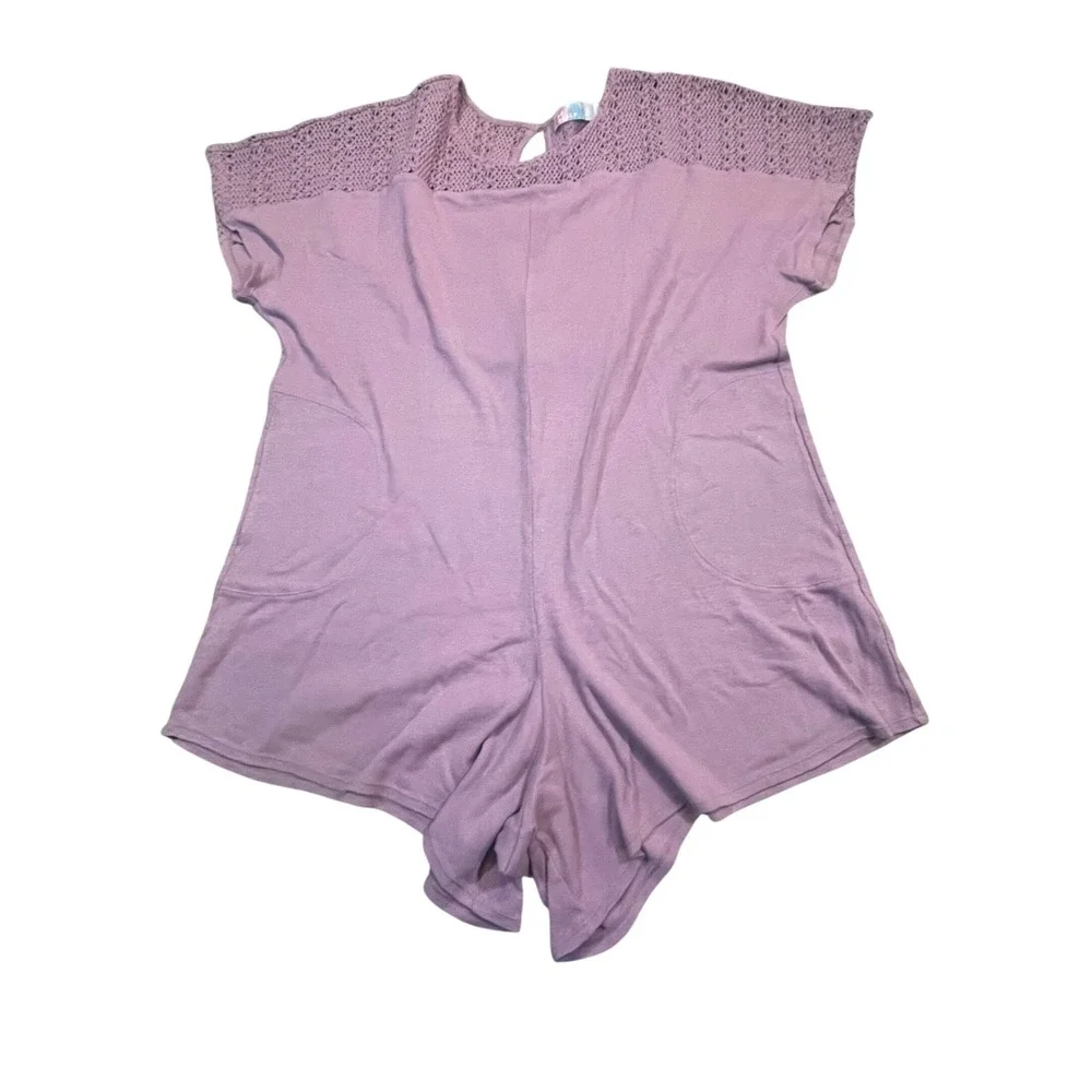 FP Beach Free People‎ Crochet Lace Yoke Romper Mauve Purple Boho Pockets Medium